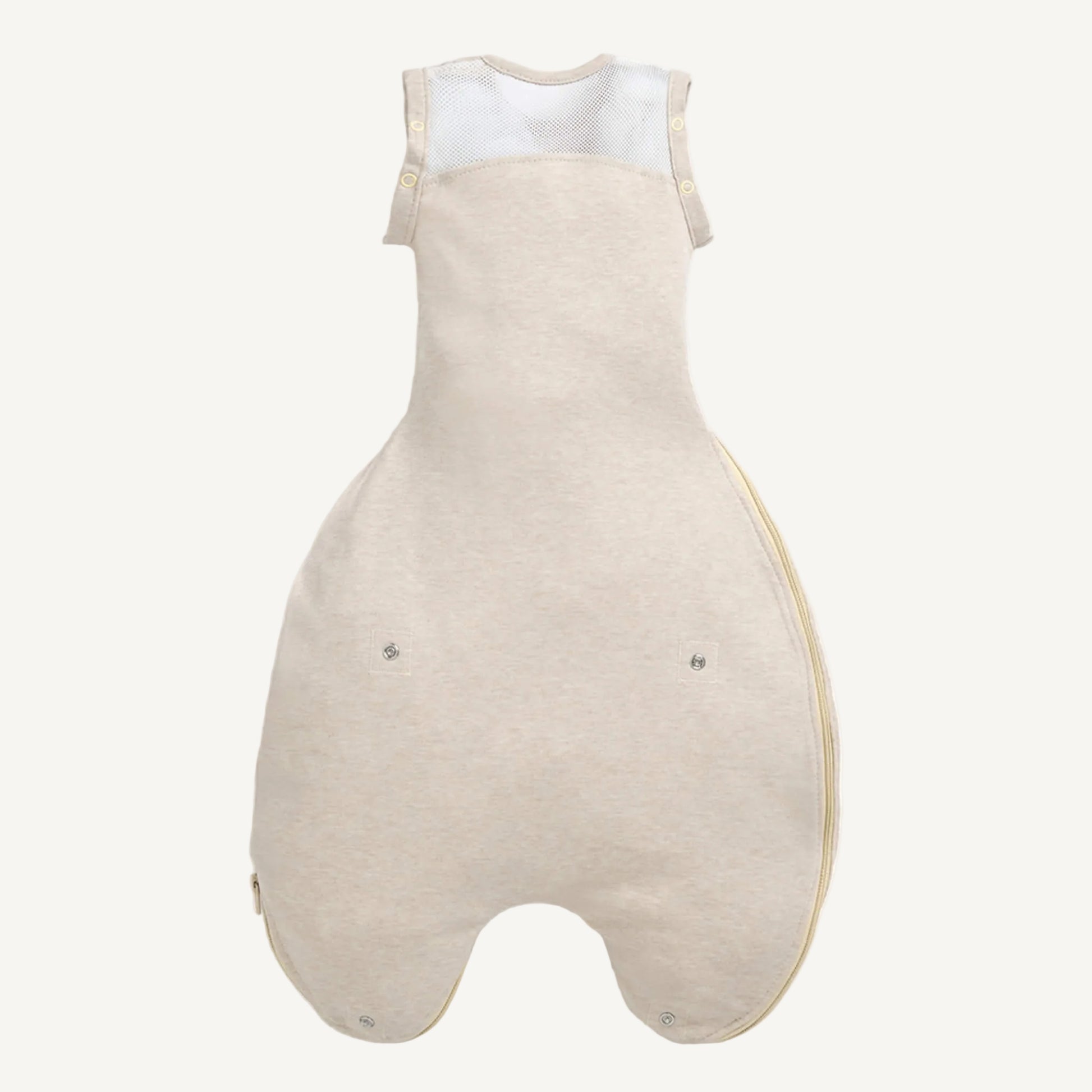 A beige baby sleep bag opened at the base to show an extendable length and internal lining.