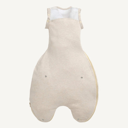 A beige baby sleep bag opened at the base to show an extendable length and internal lining.