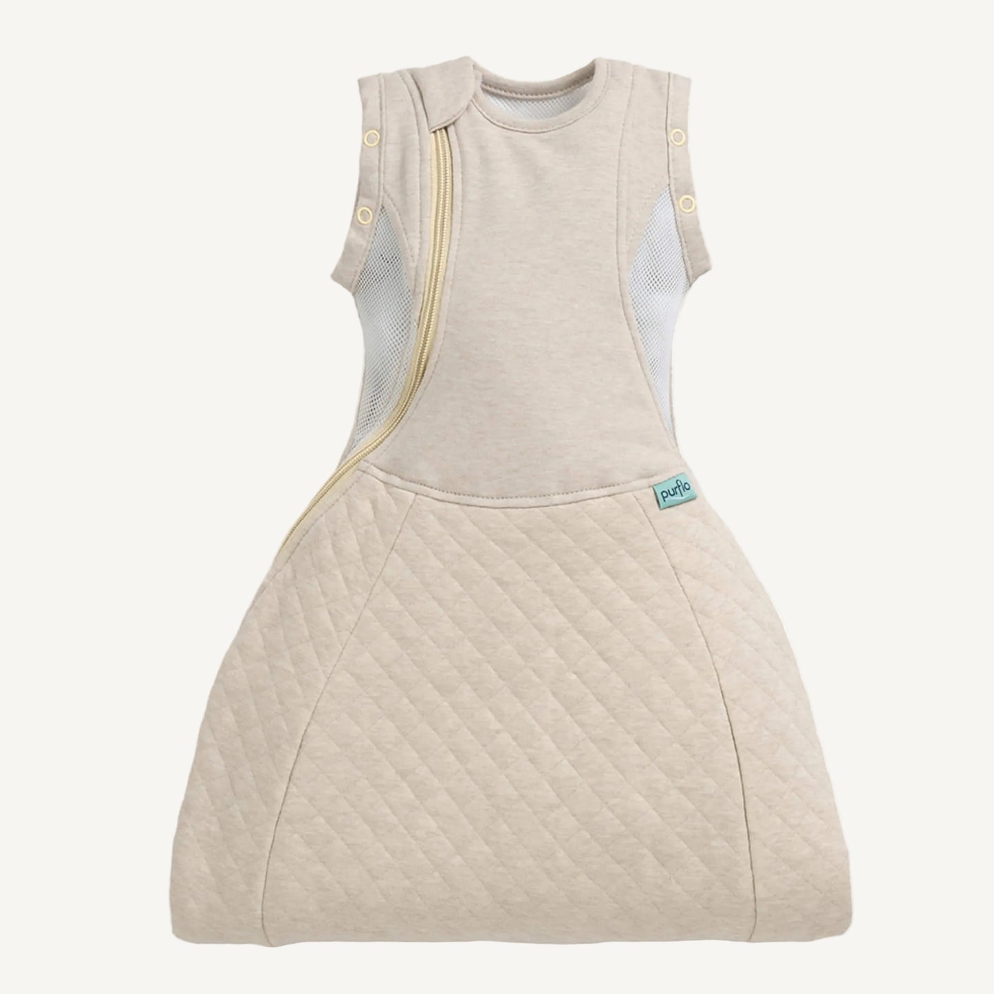 A front view of a beige baby sleep bag showing a curved zip opening and mesh side panels.