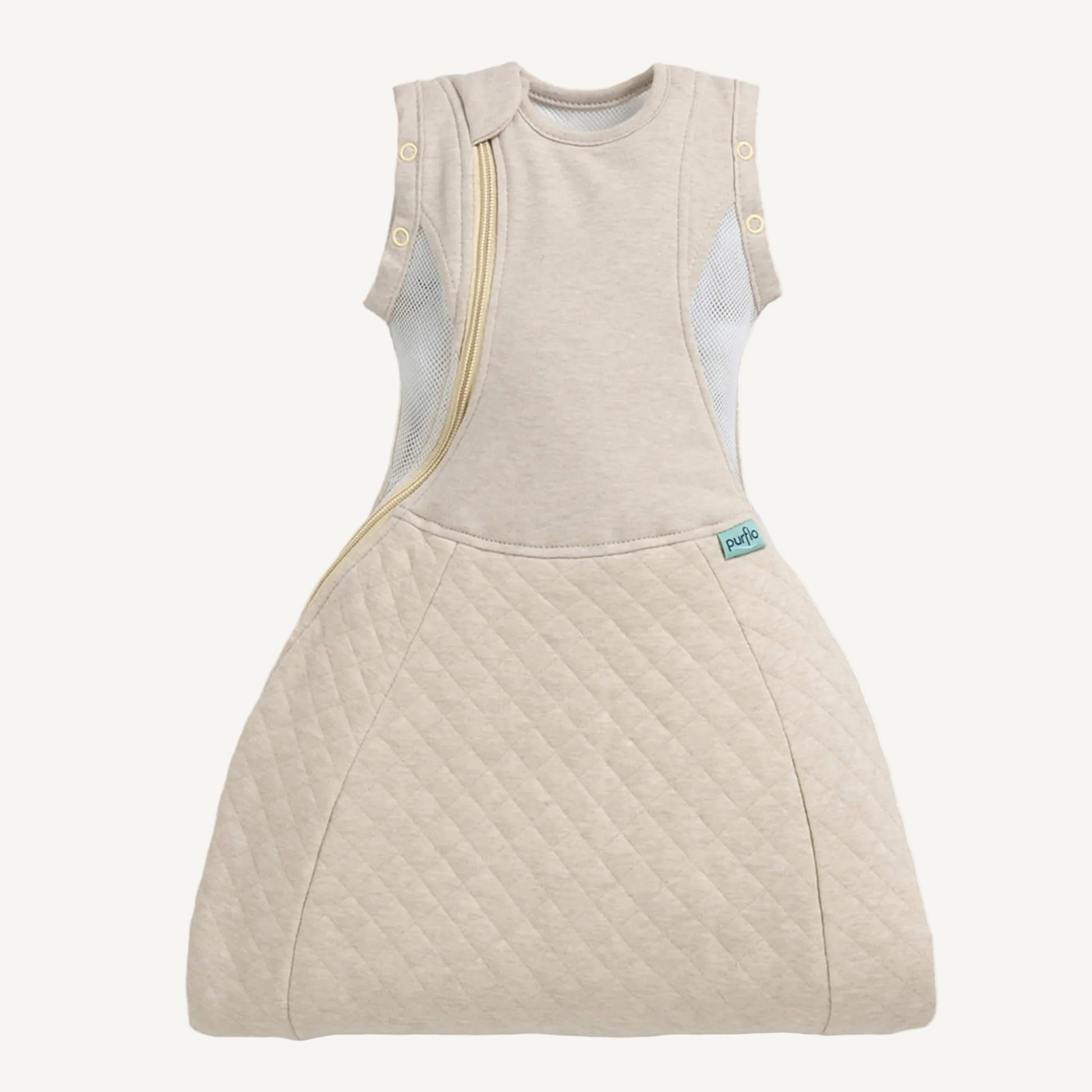 A front view of a beige baby sleep bag showing a curved zip opening and mesh side panels.