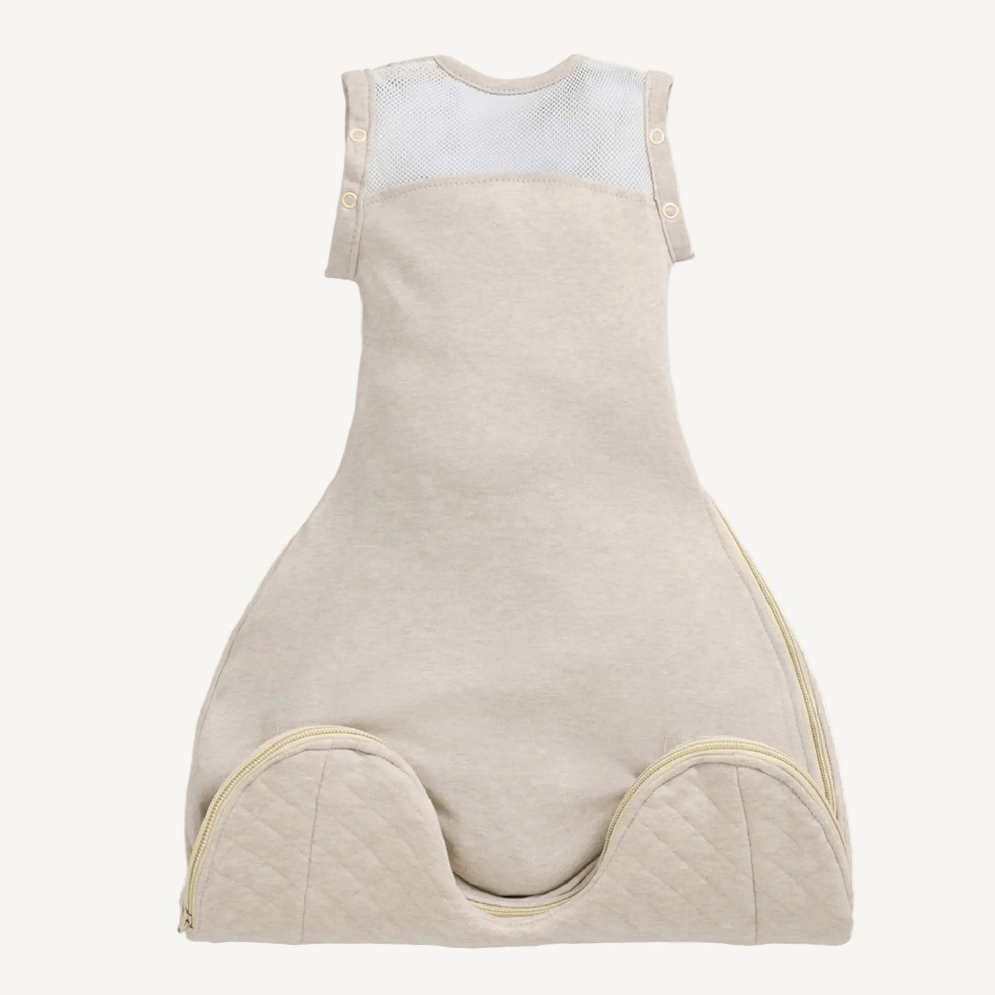 A rear view of a beige baby sleep bag showing a breathable mesh panel across the upper back.
