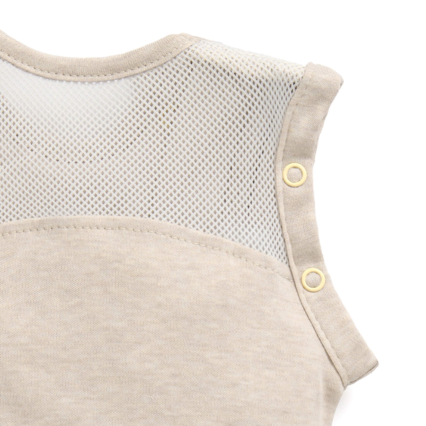 A close-up of a breathable mesh panel on the upper back of a baby sleep bag.