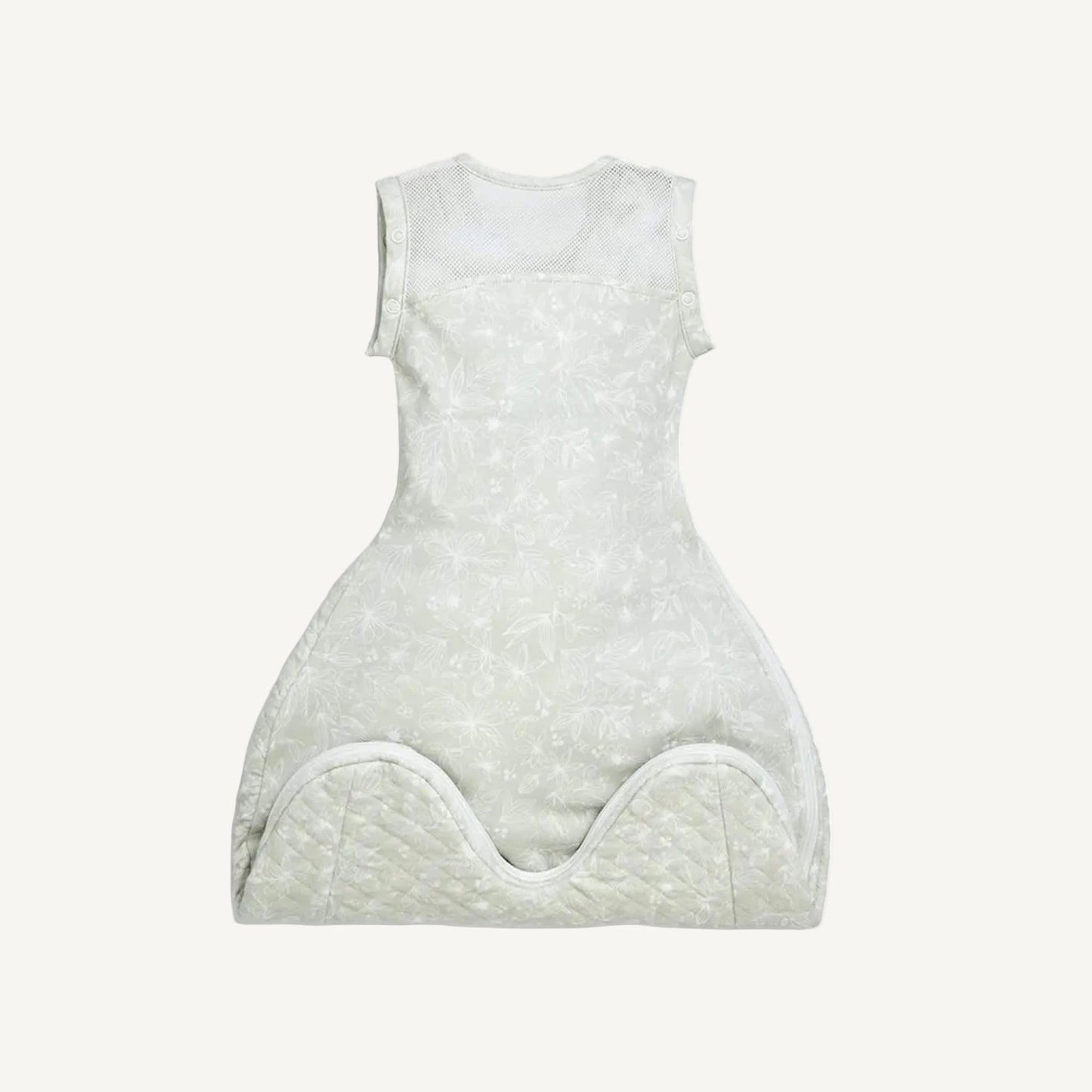 A rear view of a swaddle sleep bag showing a wide breathable mesh panel across the upper back and shoulders.