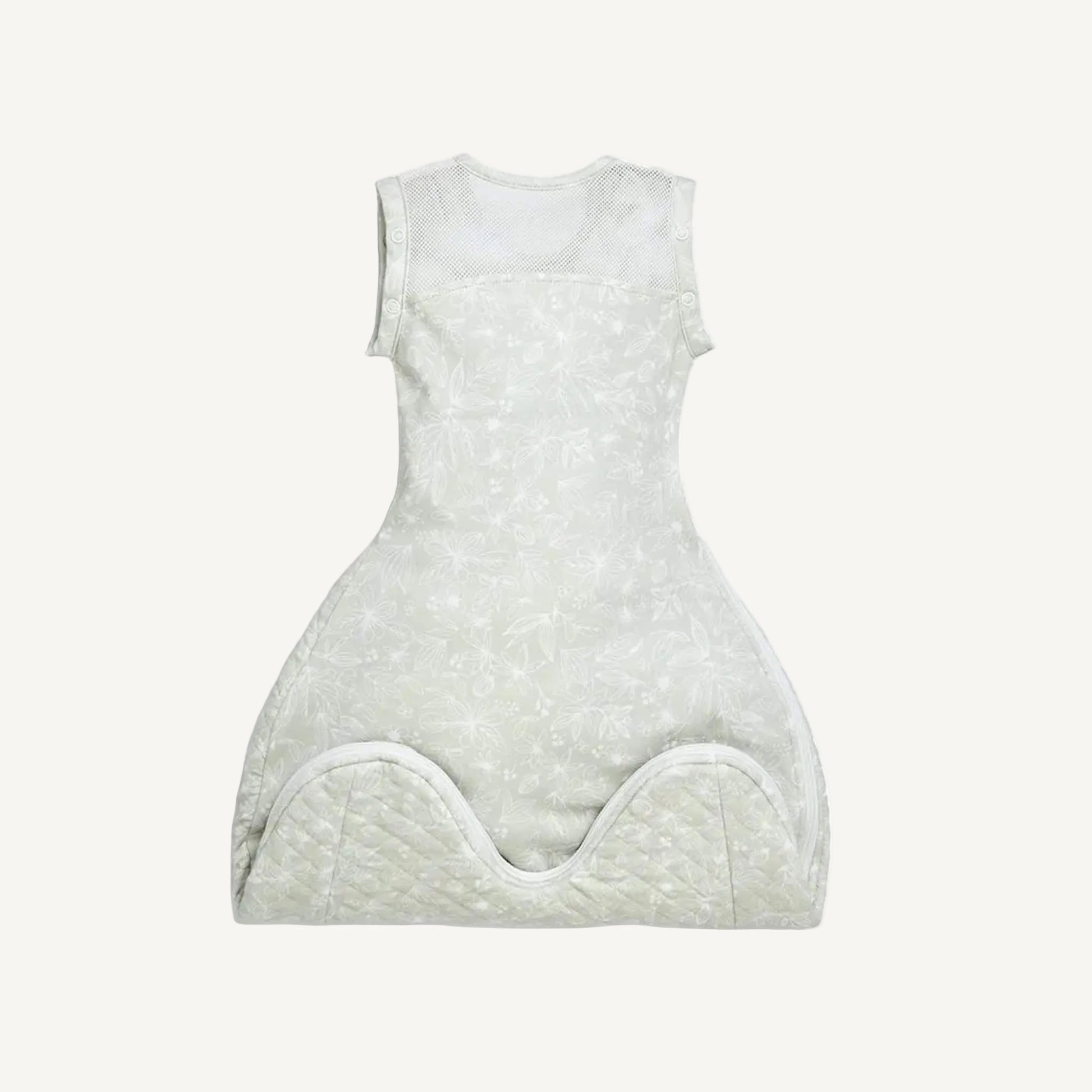 A rear view of a swaddle sleep bag showing a wide breathable mesh panel across the upper back and shoulders.