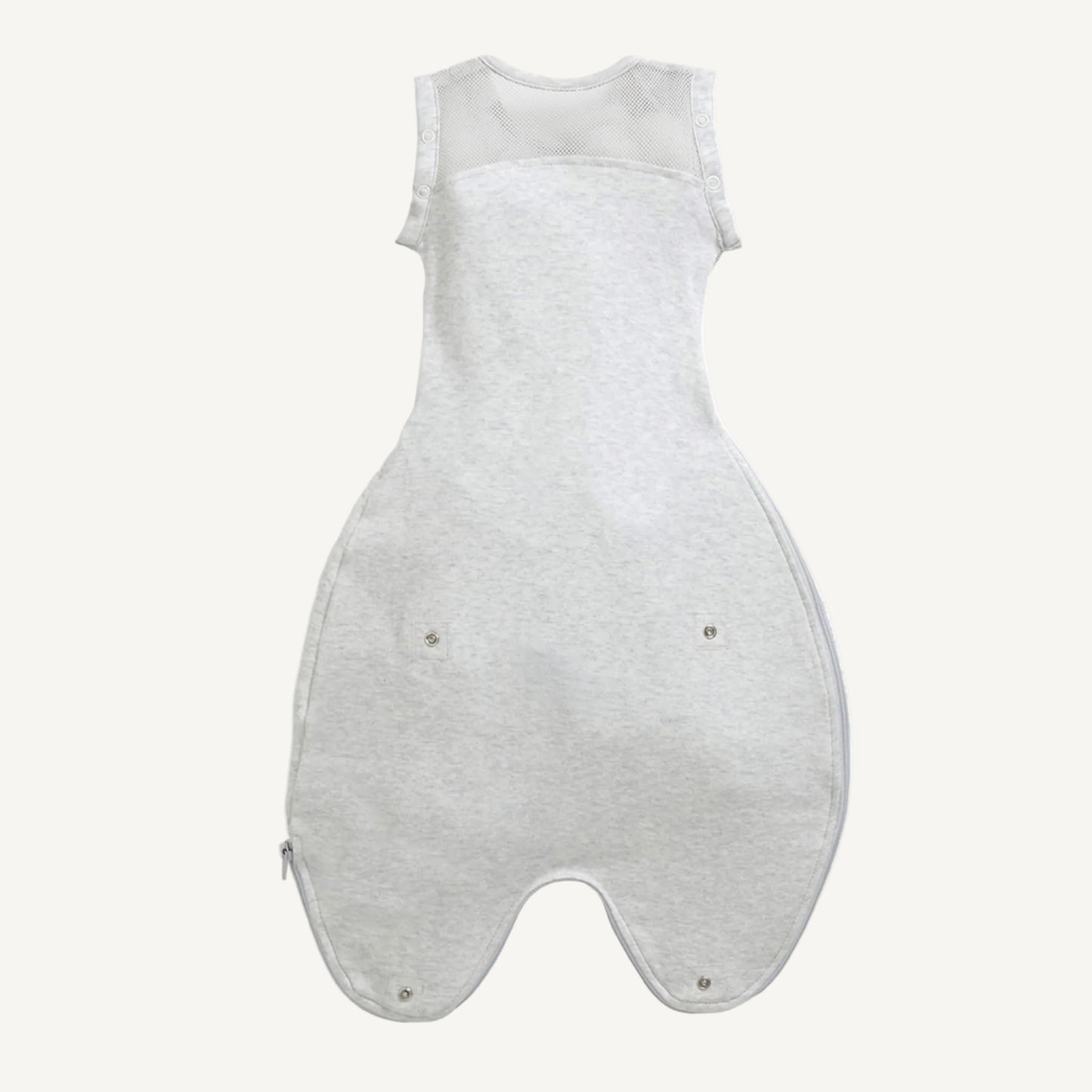 A rear view of a minimal grey swaddle sleep bag showing a breathable mesh panel across the upper back and smooth fabric through the body.