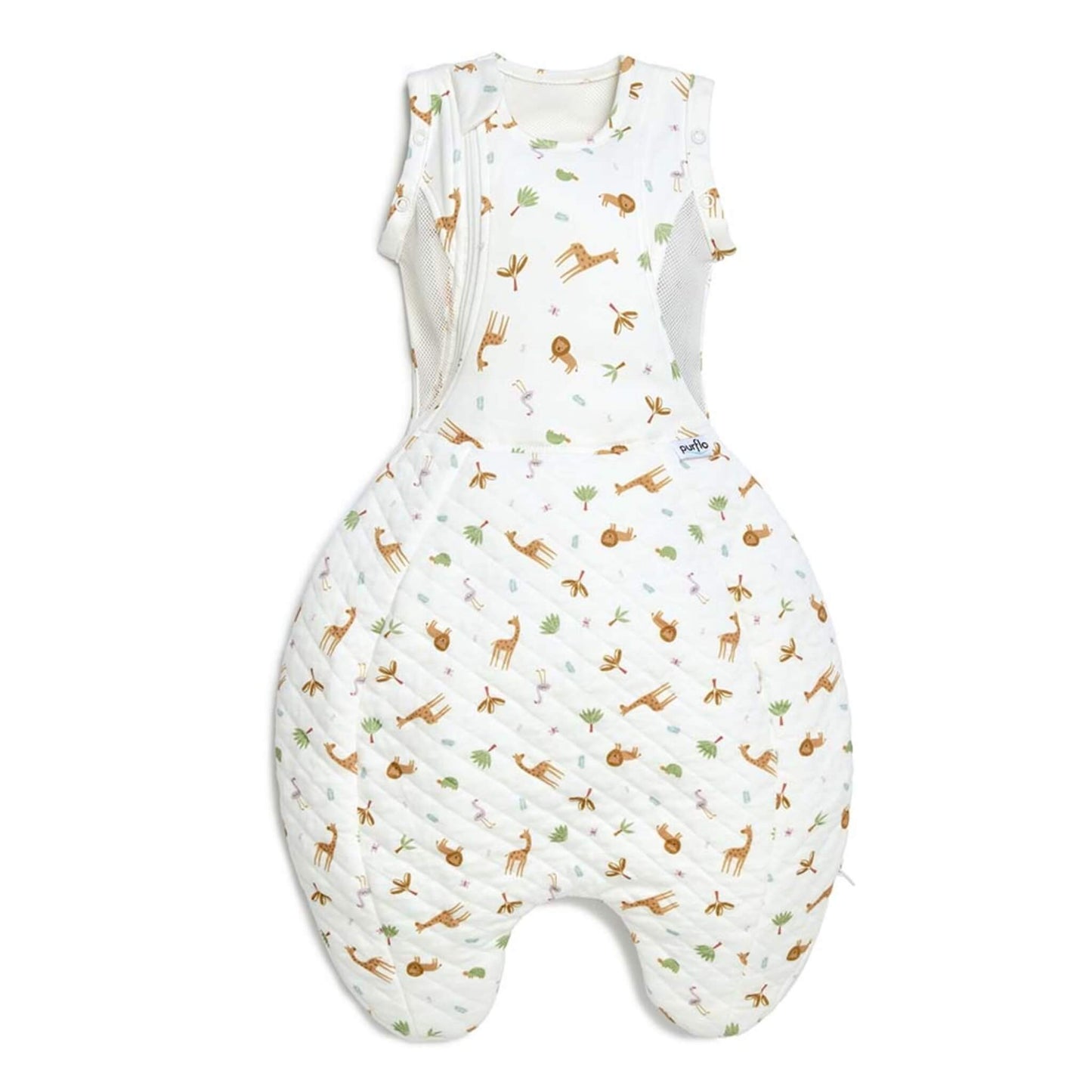 Purflo Swaddle to Sleep Bag 2.5 Tog in Savannah Slumber, showing a quilted lower sleep bag with safari animal print, mesh side panels, and a swaddle-style upper section with shoulder poppers and side zip.