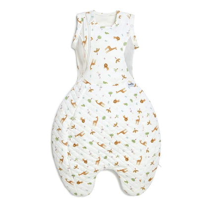 Purflo Swaddle to Sleep Bag 2.5 Tog in Savannah Slumber, showing a quilted lower sleep bag with safari animal print, mesh side panels, and a swaddle-style upper section with shoulder poppers and side zip.