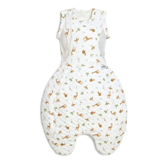 Purflo Swaddle to Sleep Bag 2.5 Tog in Savannah Slumber, showing a quilted lower sleep bag with safari animal print, mesh side panels, and a swaddle-style upper section with shoulder poppers and side zip.