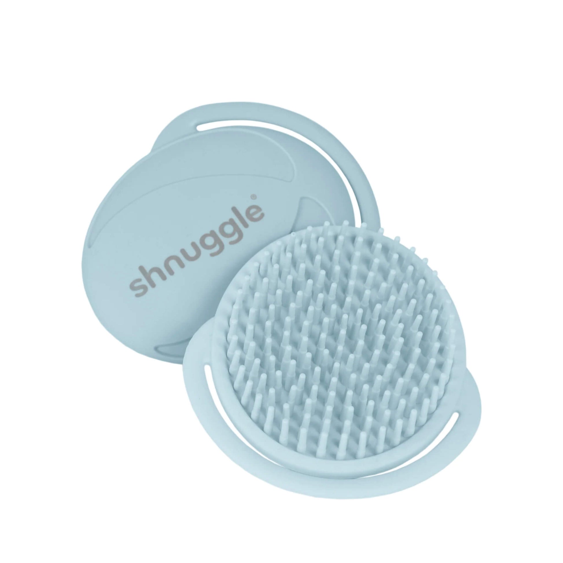 Shnuggle Baby Bath Brush in blue, made from soft silicone with fine flexible bristles for gentle scalp cleansing and cradle cap care, shown from front and back.