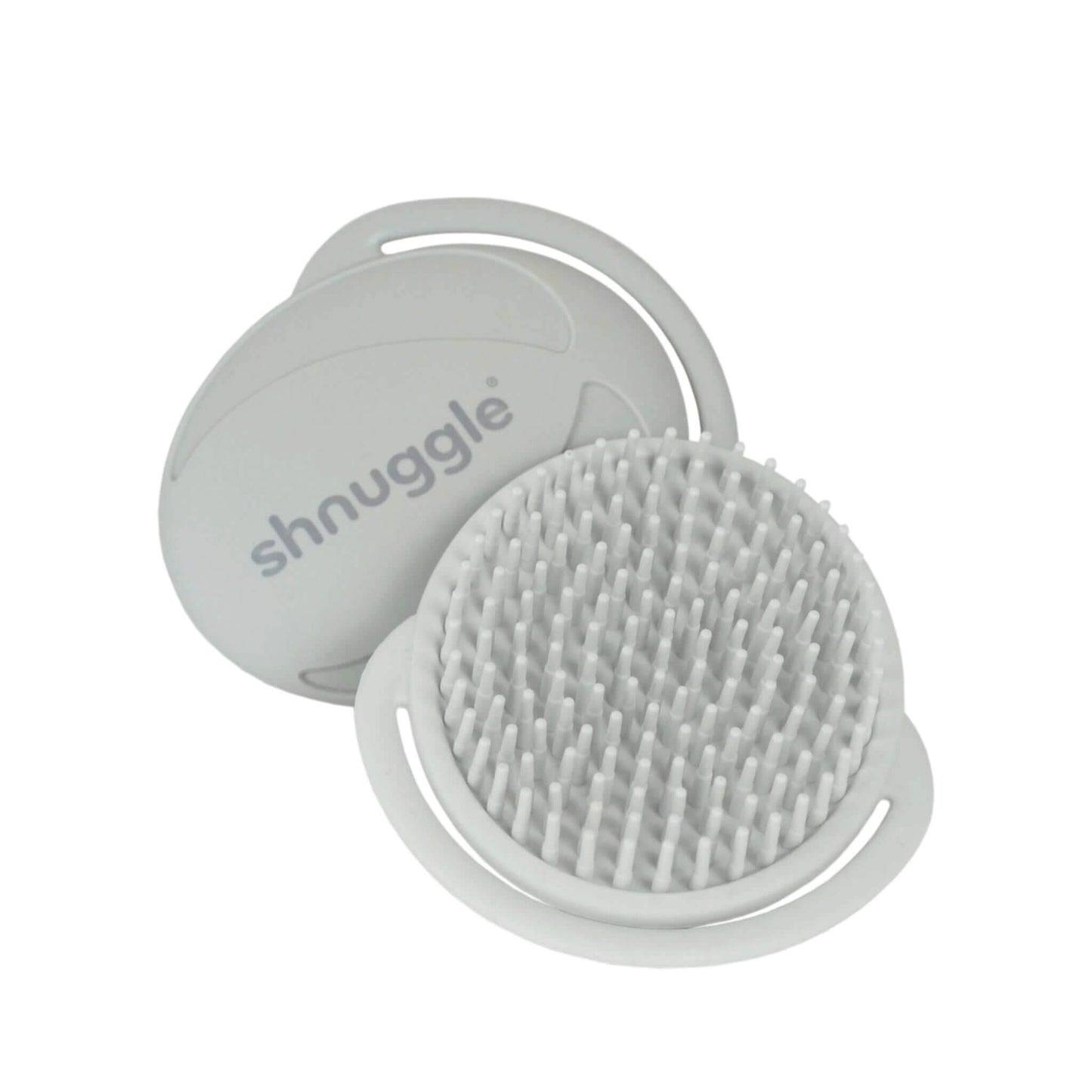 Shnuggle Baby Bath Brush in grey with soft silicone bristles and ergonomic palm grip, shown from front and back to highlight gentle scalp-cleansing design.