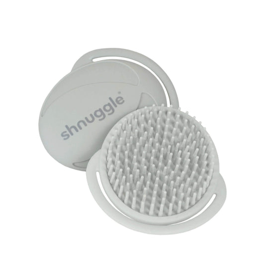 Shnuggle Baby Bath Brush in grey with soft silicone bristles and ergonomic palm grip, shown from front and back to highlight gentle scalp-cleansing design.