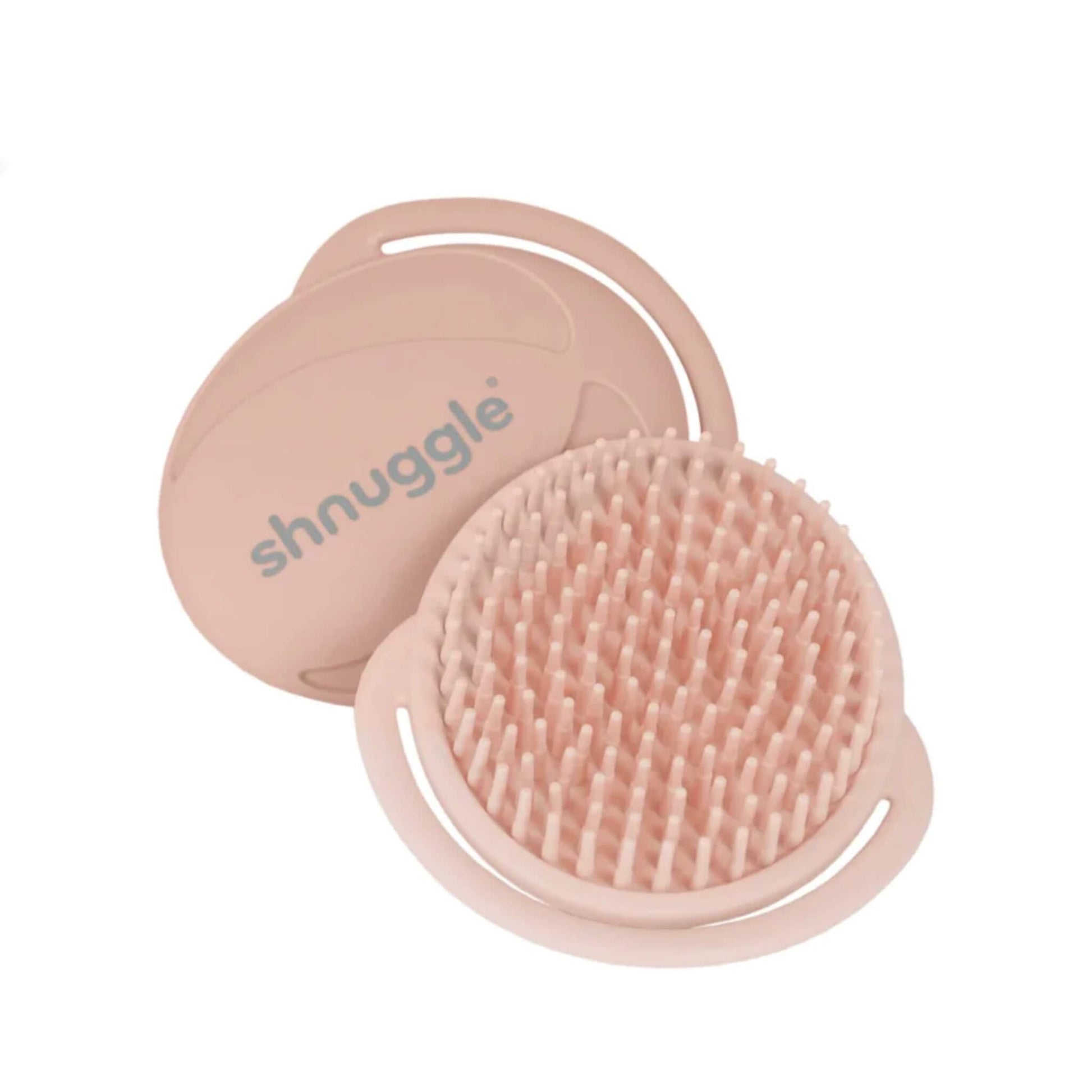 Shnuggle Baby Bath Brush in blush pink, made from soft silicone with fine flexible bristles for gentle scalp cleansing and cradle cap care, shown from front and back.