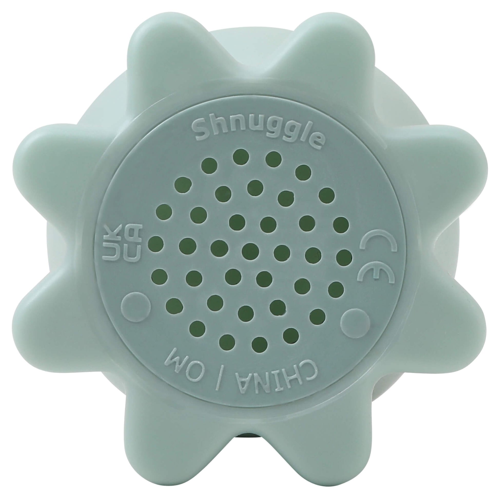 The underside of a mint green octopus bath toy, showing a round panel with drainage holes and embossed safety markings.