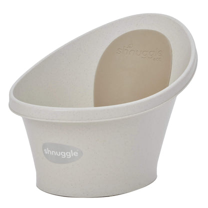 Shnuggle Eco Baby Bath Tub with contoured backrest and compact, upright design for newborn baths.