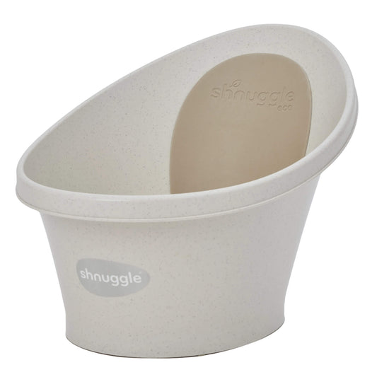 Shnuggle Eco Baby Bath Tub with contoured backrest and compact, upright design for newborn baths.