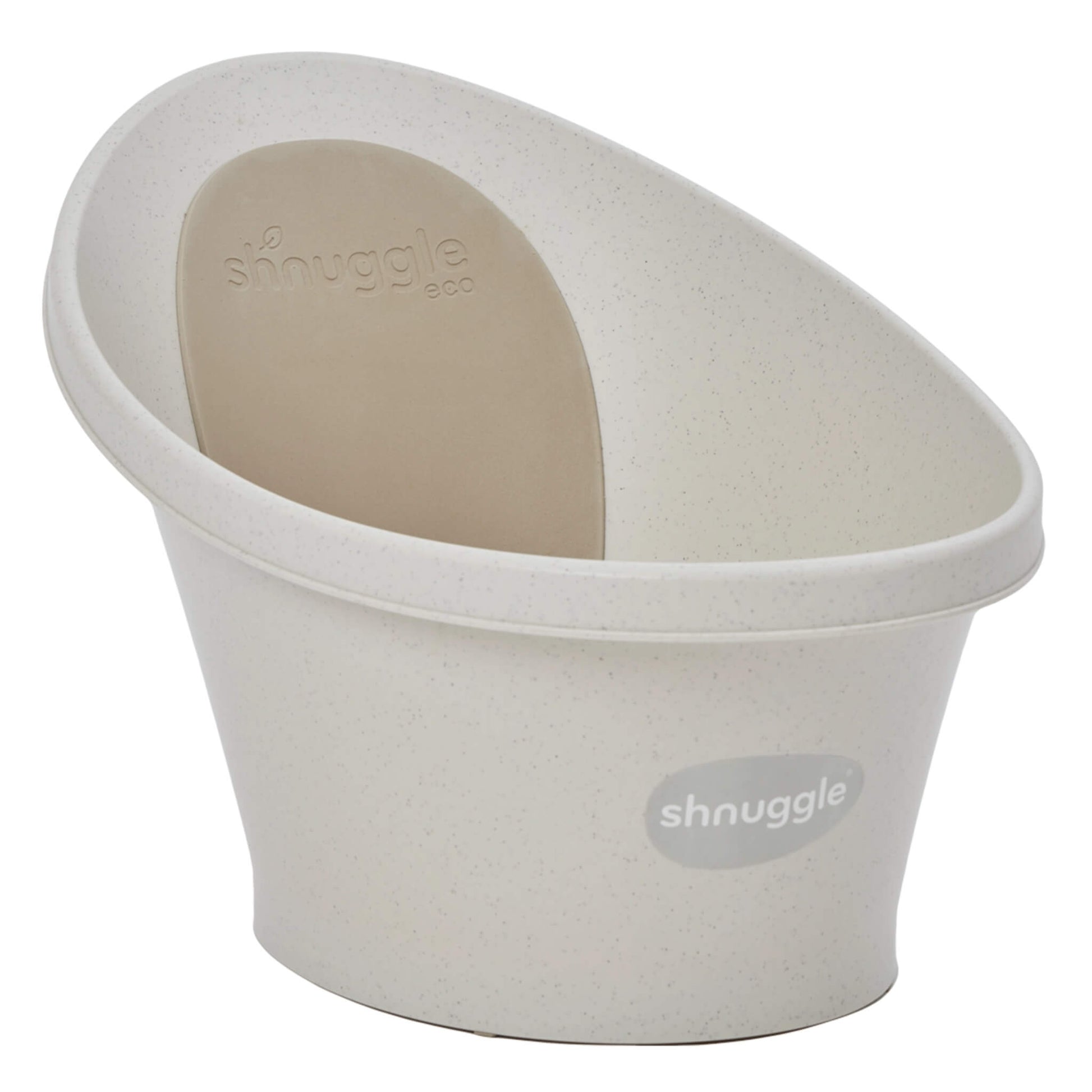Cream-coloured baby bath tub shown angled to display its curved sides and ergonomic backrest.