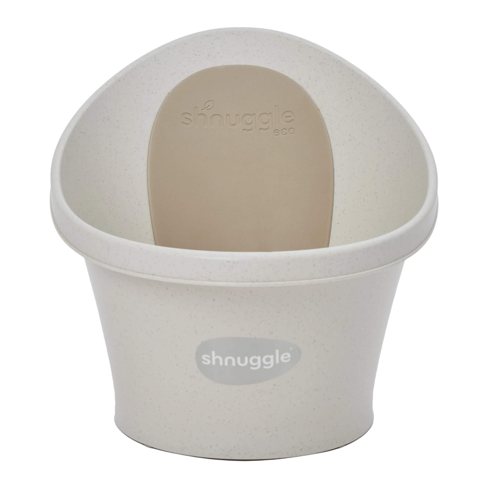 Front view of a small infant bath with supportive back panel and rounded edges.