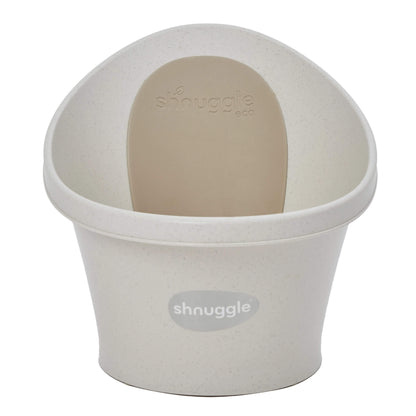 Front view of a small infant bath with supportive back panel and rounded edges.