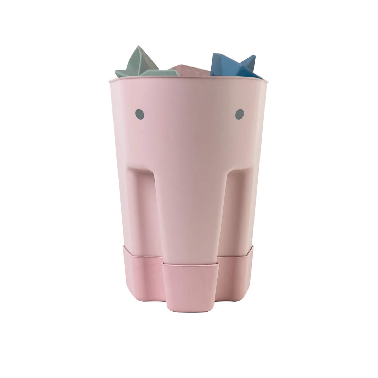 Shnuggle Ellie Bath Toy Drying Caddy in blush pink, elephant-shaped with a freestanding base, holding assorted bath toys and designed to allow water to drain after bath time.