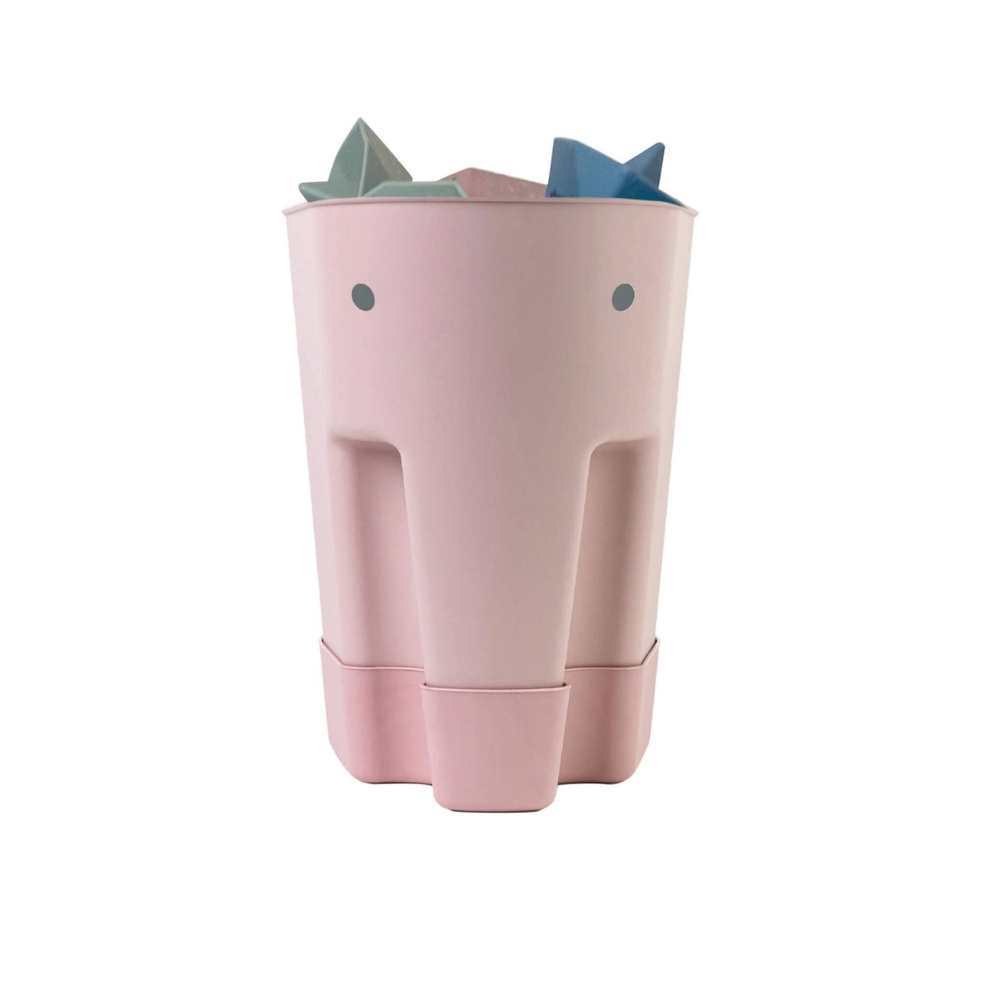Shnuggle Ellie Bath Toy Drying Caddy in blush pink, elephant-shaped with a freestanding base, holding assorted bath toys and designed to allow water to drain after bath time.