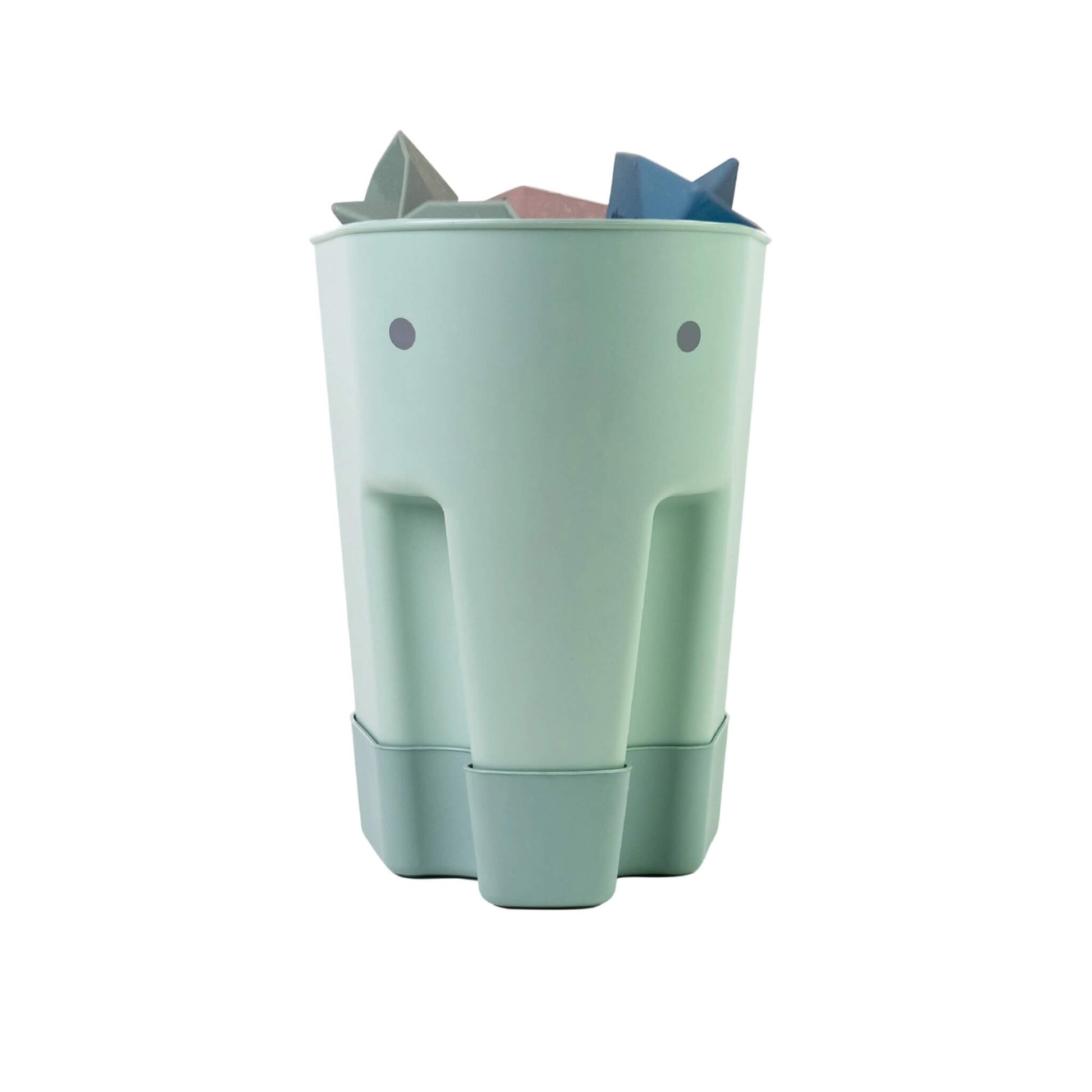 Shnuggle Ellie Bath Toy Drying Caddy in eucalyptus green, elephant-shaped storage caddy holding children’s bath toys with a built-in drip tray.