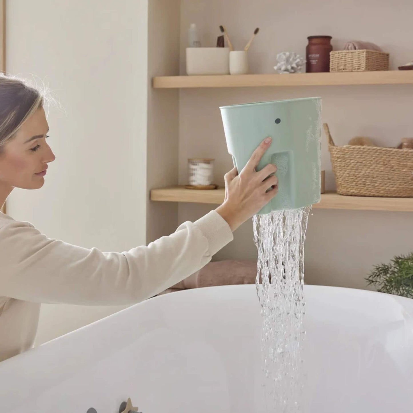 A mother holds a green elephant-shaped toy caddy above a bathtub while water drains steadily from the base.