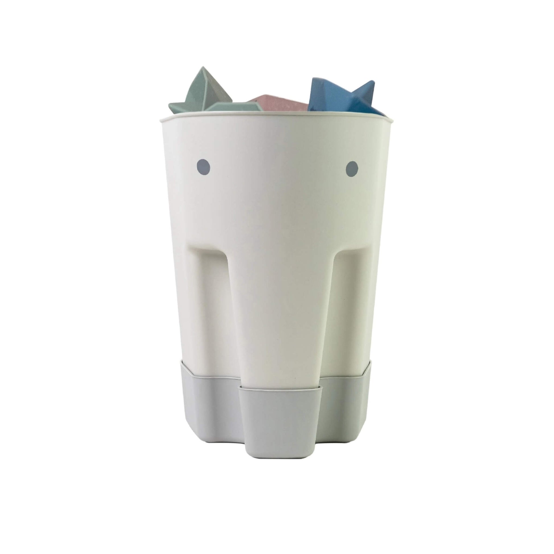 Shnuggle Ellie Bath Toy Drying Caddy in grey with elephant-shaped design, standing upright with bath toys visible inside.