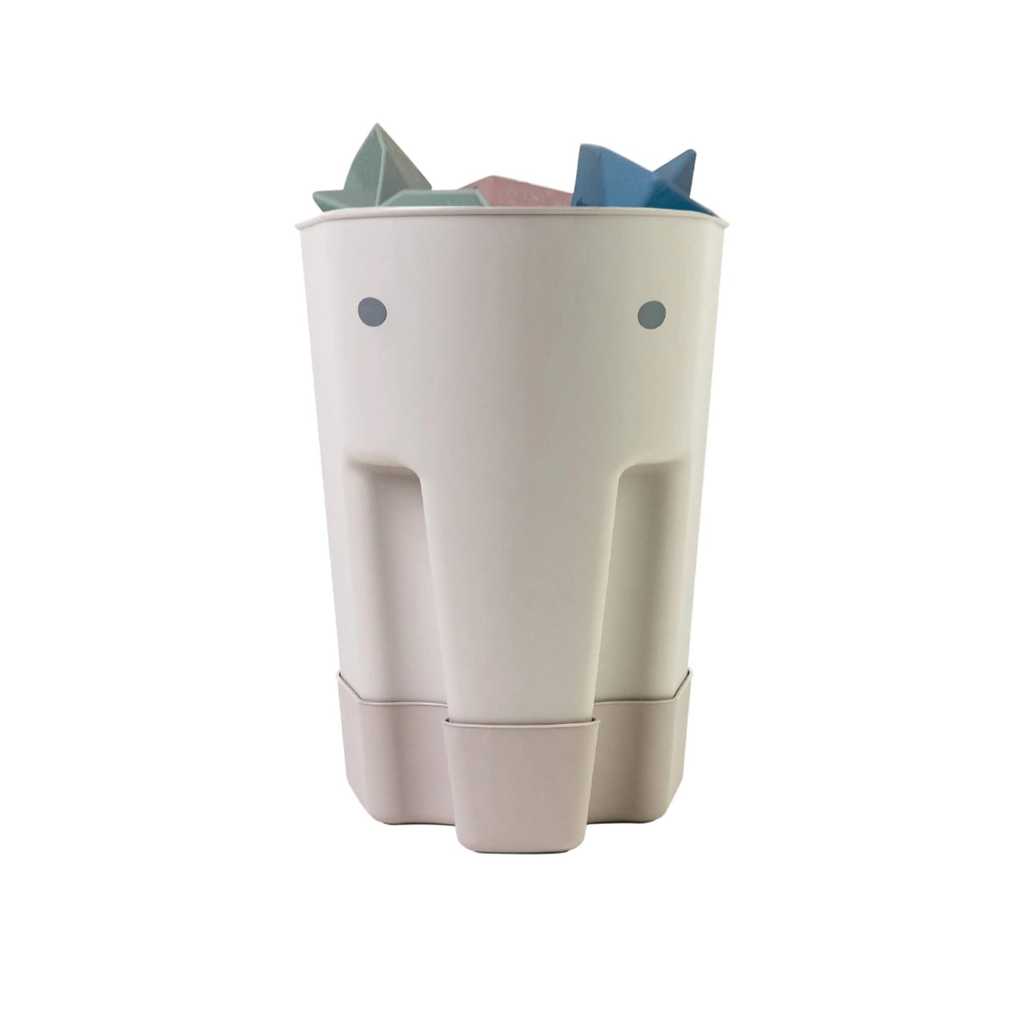 Shnuggle Ellie Bath Toy Drying Caddy in taupe, shaped like an elephant with open top and drip tray base, holding pastel bath toys.