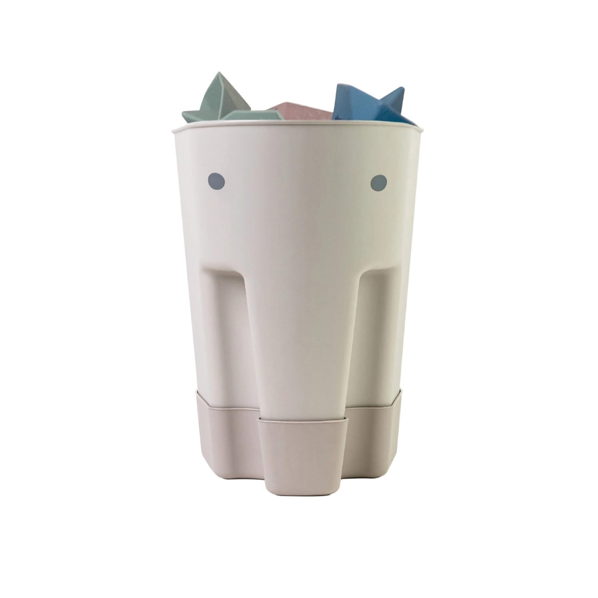 Shnuggle Ellie Bath Toy Drying Caddy in taupe, shaped like an elephant with open top and drip tray base, holding pastel bath toys.