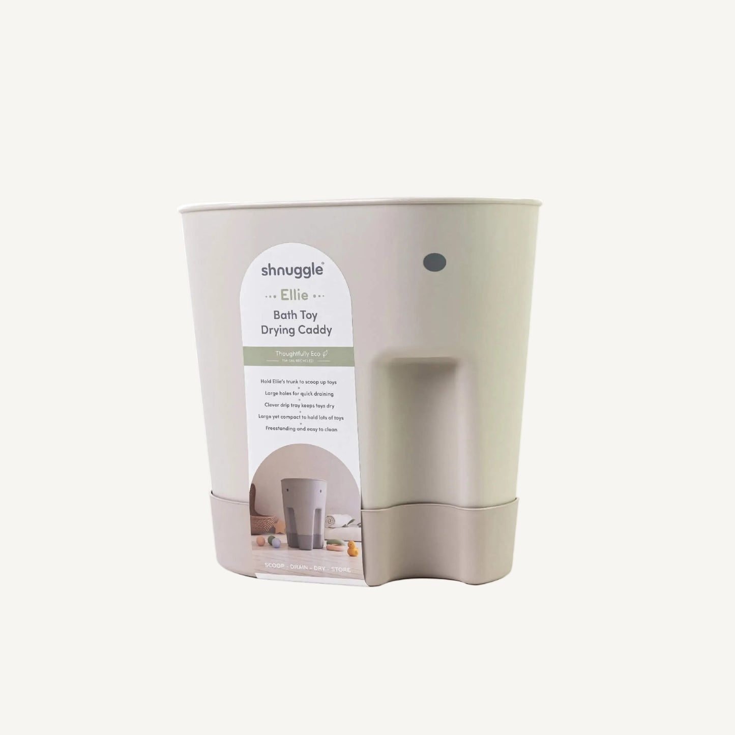 Rear view of an elephant-shaped bath toy drying caddy with packaging label visible and integrated drip tray attached.