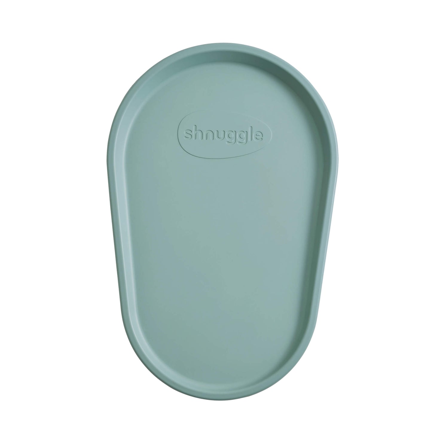 Shnuggle Squishy Changing Mat in eucalyptus green, shown from above to highlight the contoured shape, raised sides and seamless foam surface.