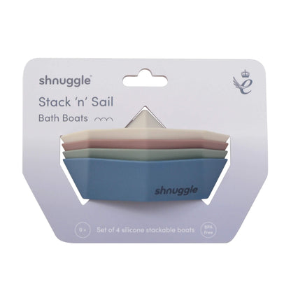Shnuggle Stack & Sail Bath Boats, stackable bath toys in soft neutral colours, shown neatly stacked in retail packaging.