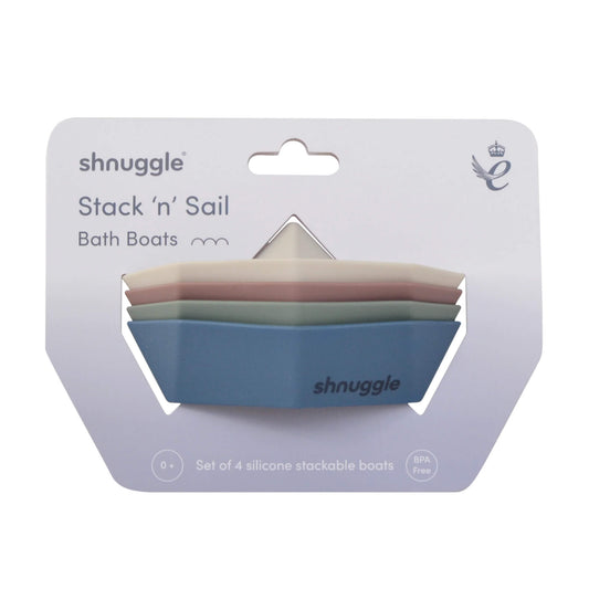 Shnuggle Stack & Sail Bath Boats, stackable bath toys in soft neutral colours, shown neatly stacked in retail packaging.