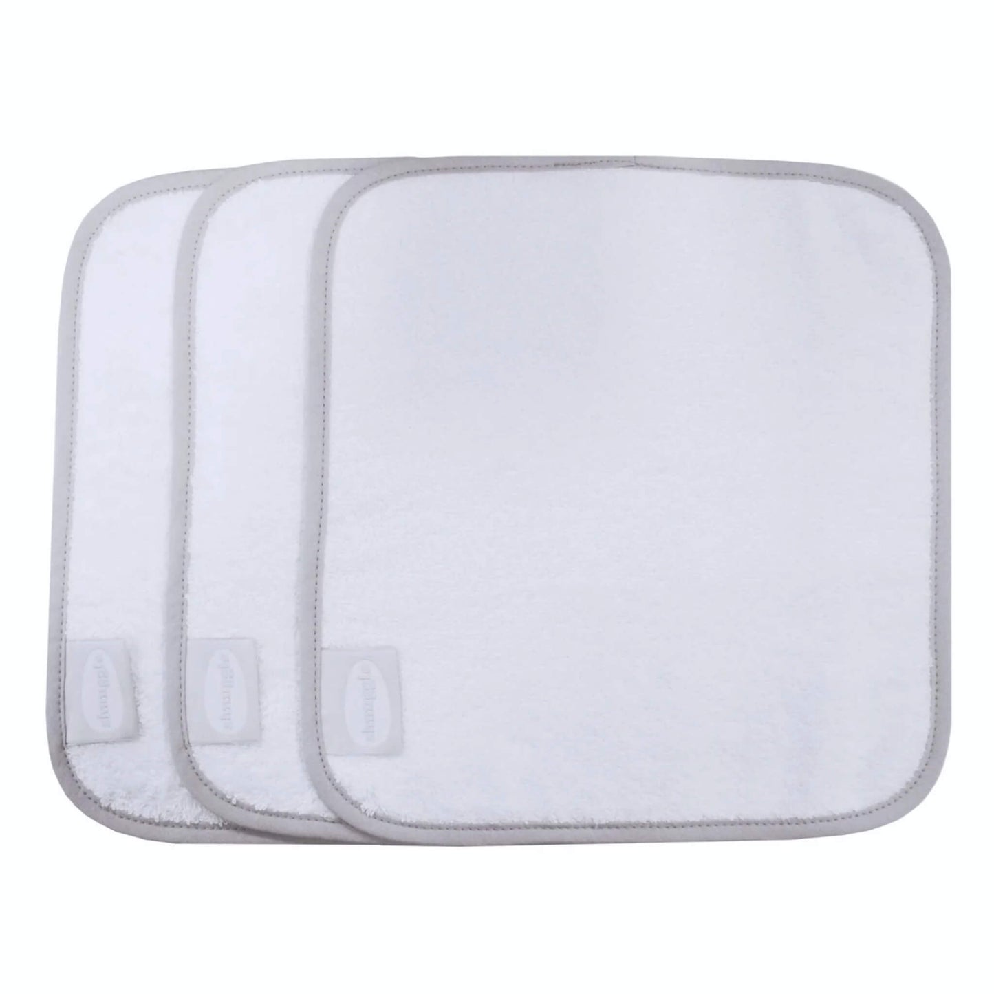 Shnuggle Wash Cloths 3 Pack showing three white bamboo and cotton baby wash cloths with grey stitched edging, stacked slightly offset on a plain background.