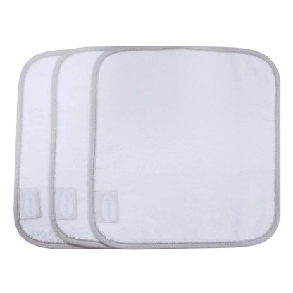 Shnuggle Wash Cloths 3 Pack showing three white bamboo and cotton baby wash cloths with grey stitched edging, stacked slightly offset on a plain background.