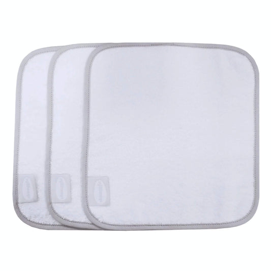 Shnuggle Wash Cloths 3 Pack showing three white bamboo and cotton baby wash cloths with grey stitched edging, stacked slightly offset on a plain background.