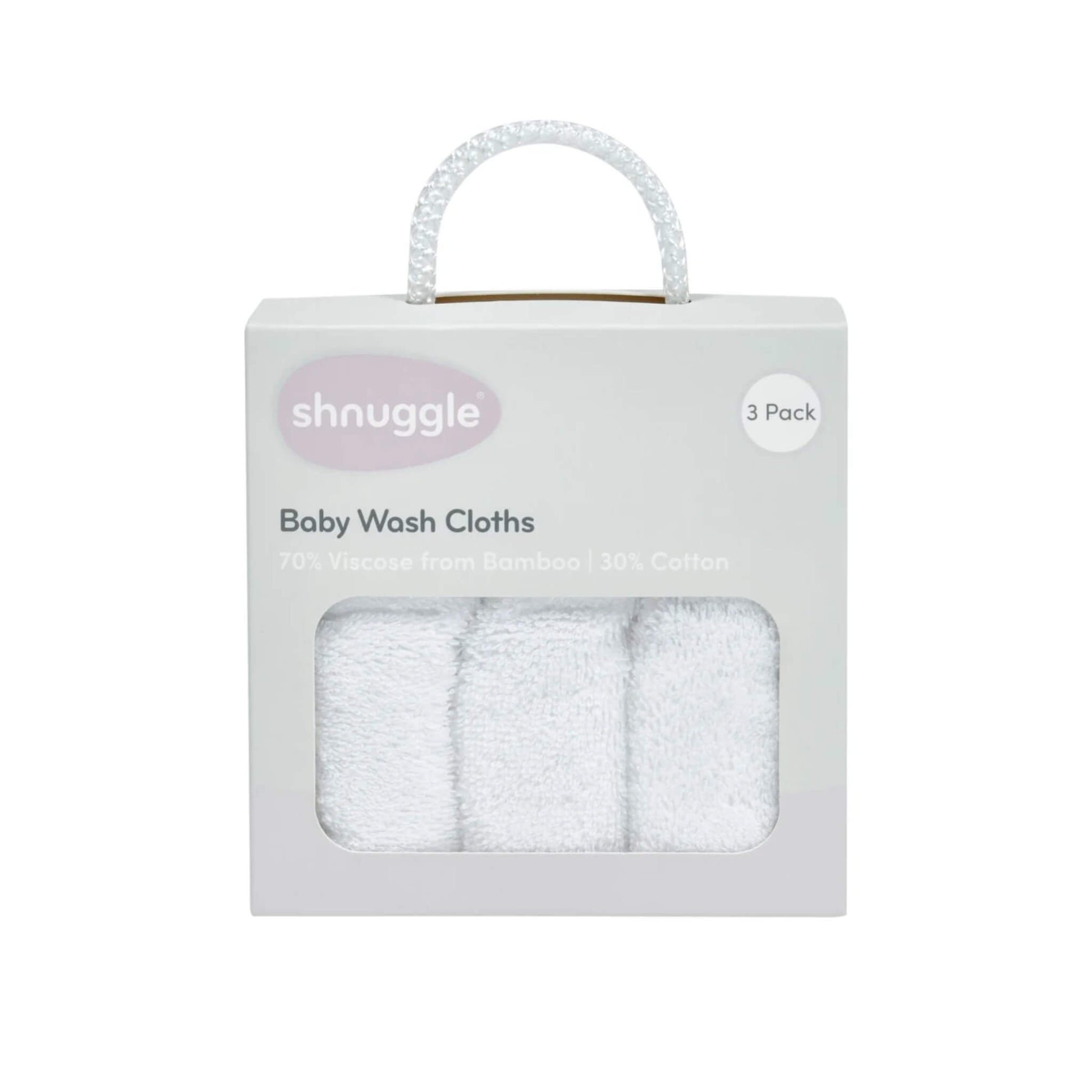 A boxed retail pack containing three folded white baby wash cloths, shown through a clear window in a pale grey cardboard box with a carry handle.
