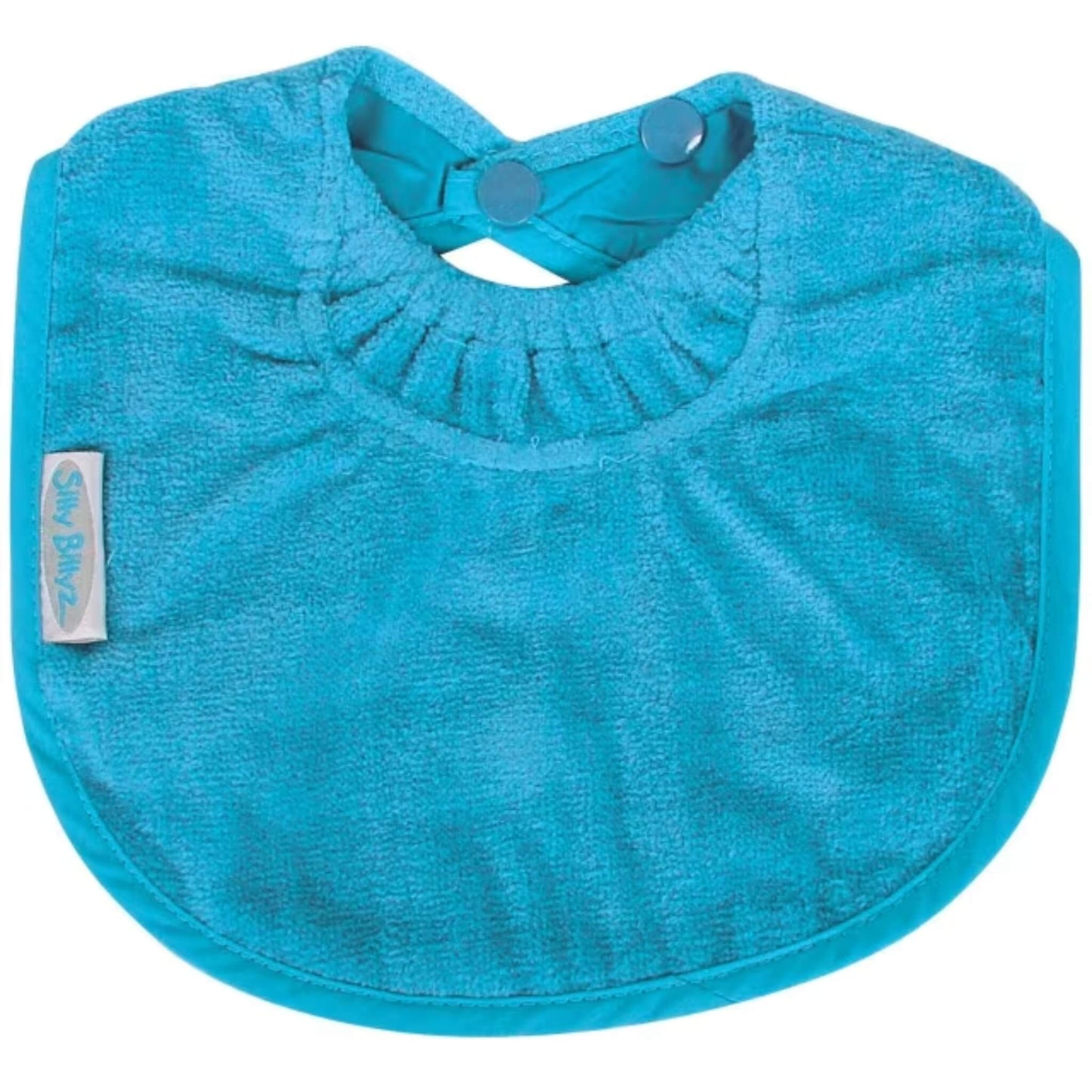 Silly Billyz Towel Biblet in aqua blue, made from absorbent towelling with a rounded shape, gentle elasticated neckline, and snap button closure for a comfortable fit on young babies.