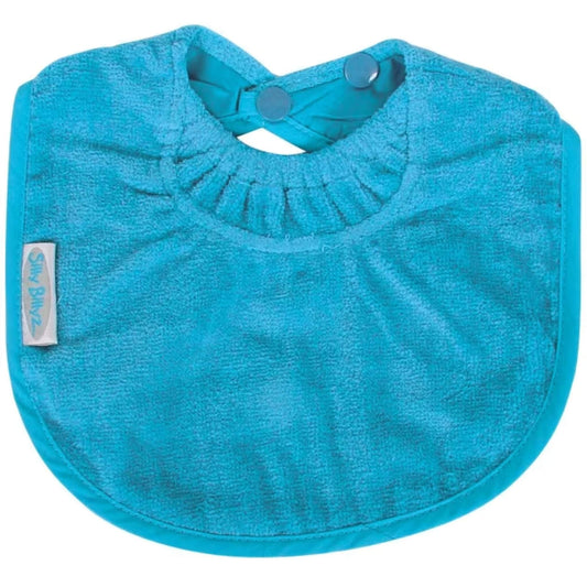 Silly Billyz Towel Biblet in aqua blue, made from absorbent towelling with a rounded shape, gentle elasticated neckline, and snap button closure for a comfortable fit on young babies.