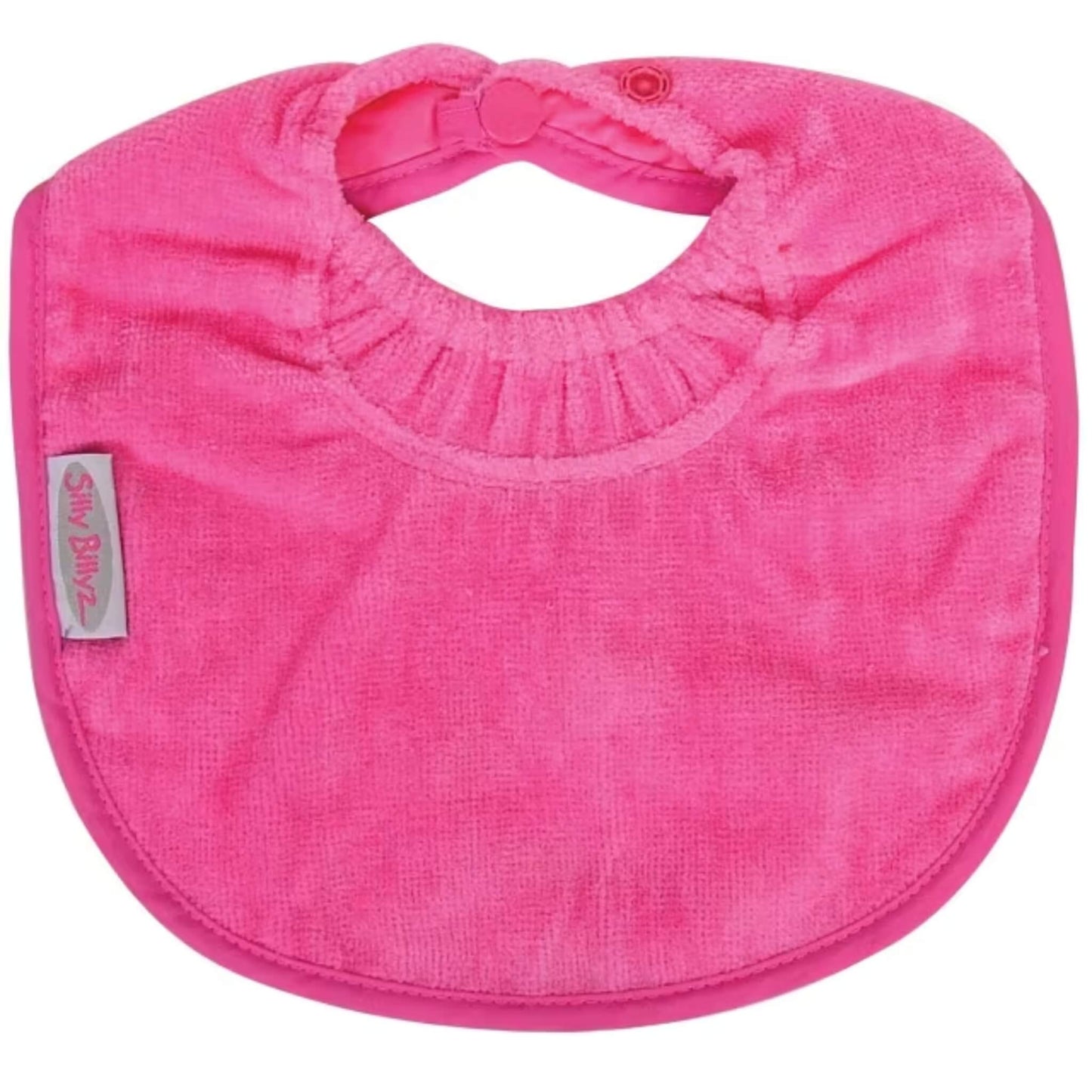 Silly Billyz Towel Biblet in Aqua shown with soft towelling front, close-fitting gathered neckline and double snap fastening, designed to sit neatly against a baby’s chest.