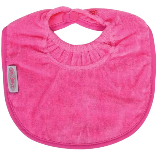 Silly Billyz Towel Biblet in Aqua shown with soft towelling front, close-fitting gathered neckline and double snap fastening, designed to sit neatly against a baby’s chest.