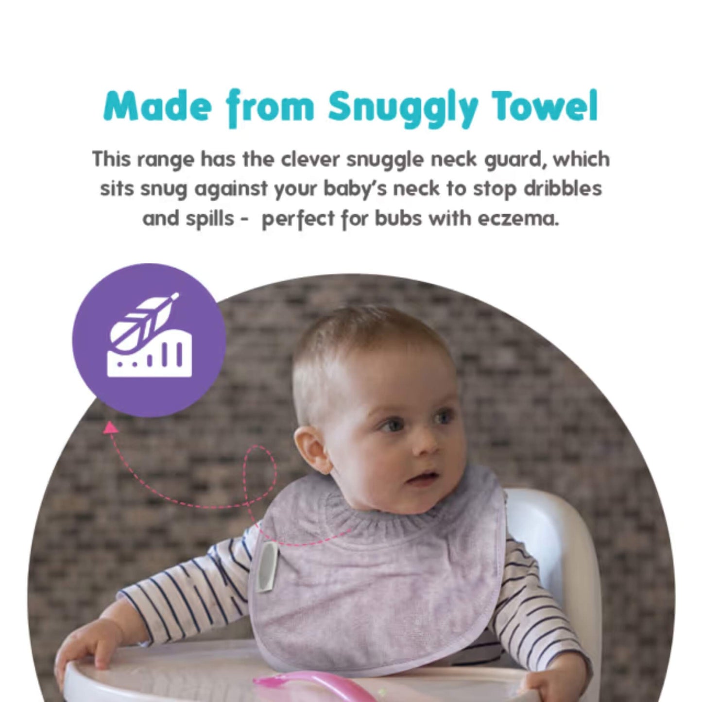A baby sitting in a highchair wearing a soft lavender towelling bib, with the curved shape covering the chest and a close-fitting neckline visible during feeding.