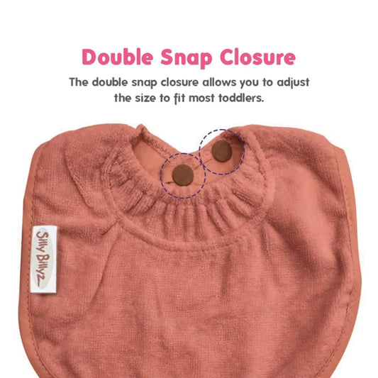 Silly Billyz Biblet Morocco showing adjustable double snap closure for a secure and growing fit.