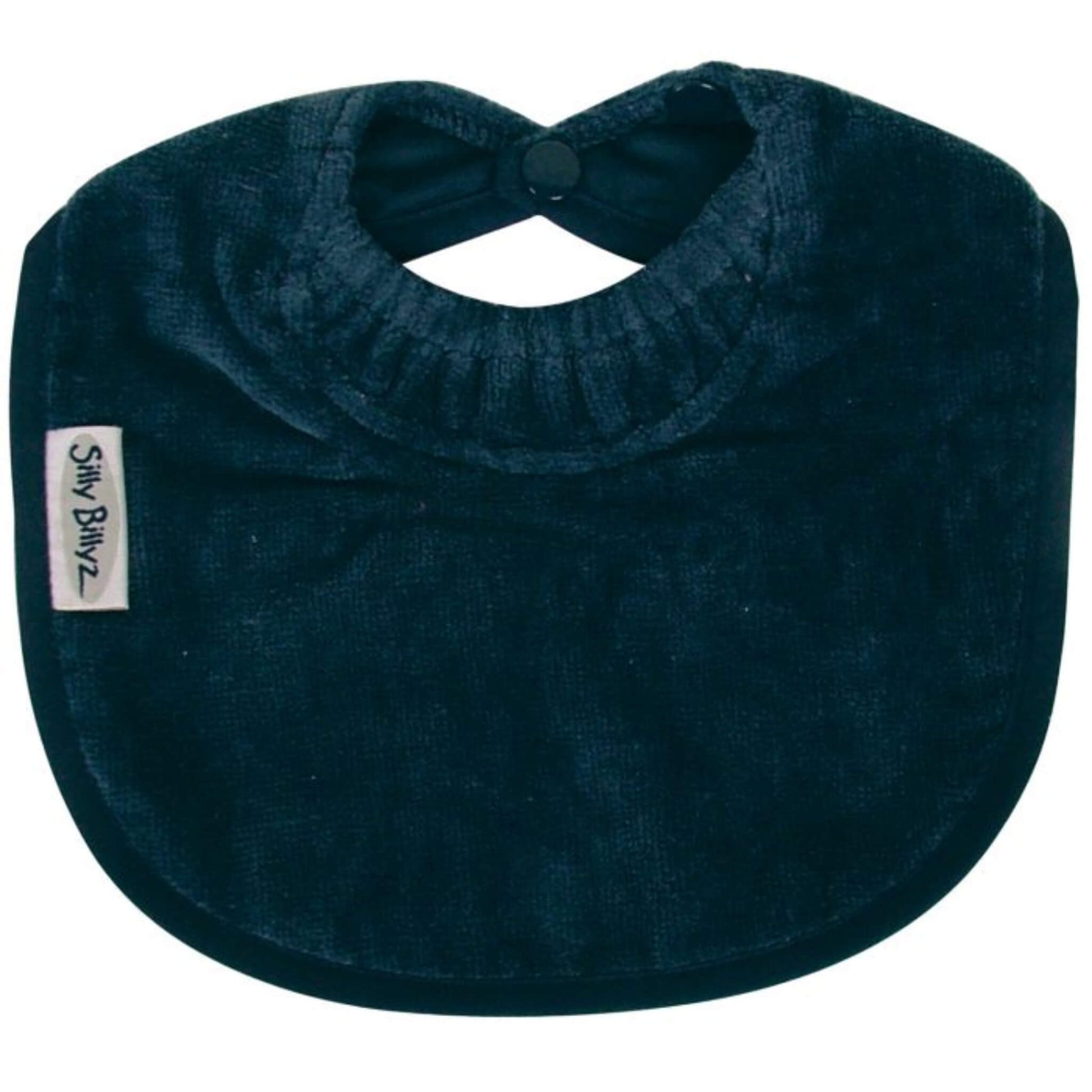 Silly Billyz Towel Biblet in navy, shown laid flat with a compact curved shape, soft cotton towelling front, gathered neckline, and a single snap closure designed for a snug newborn fit.
