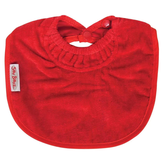 Red Silly Billyz Biblet. Soft towelling baby bib with waterproof backing and snug neckline for comfort and protection.