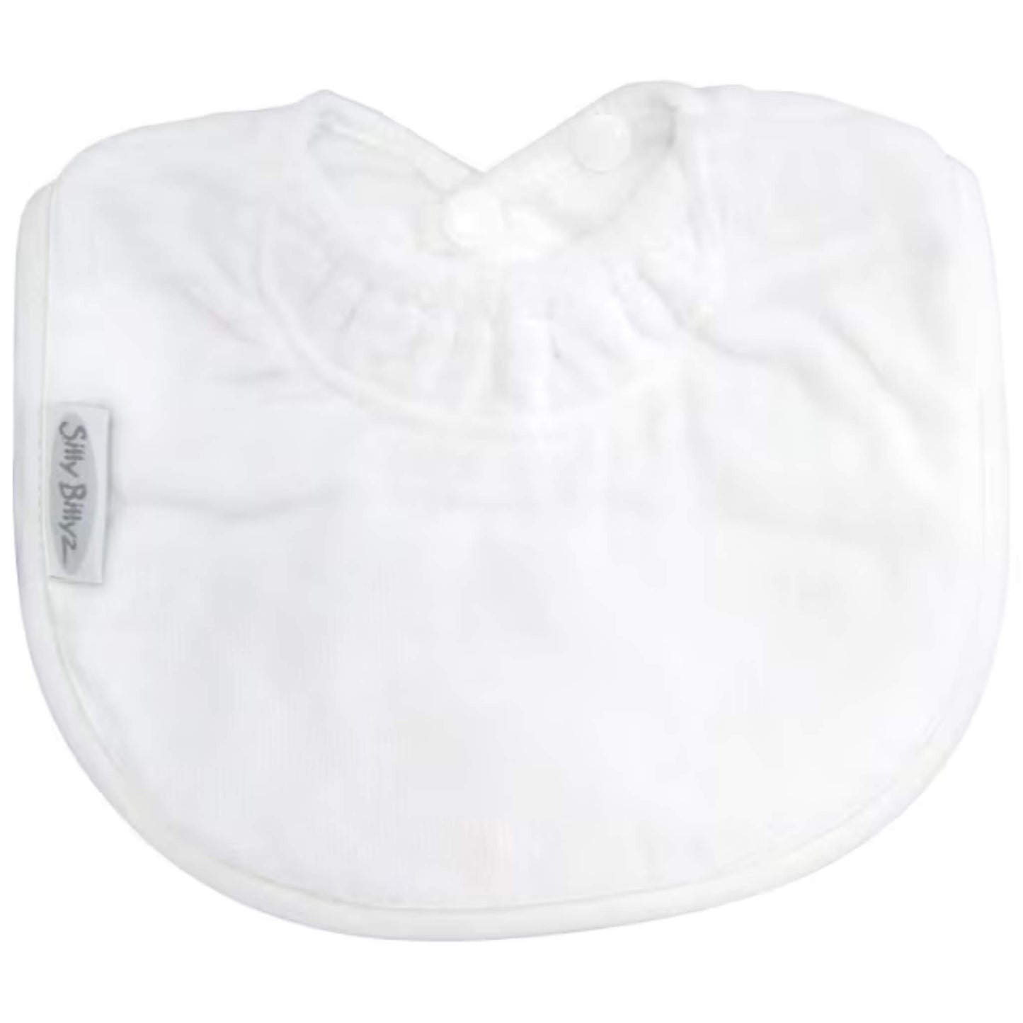 Silly Billyz Towel Biblet in white, shown laid flat with a compact curved shape, soft cotton towelling front, gathered neckline, and a single snap closure designed for a snug newborn fit.