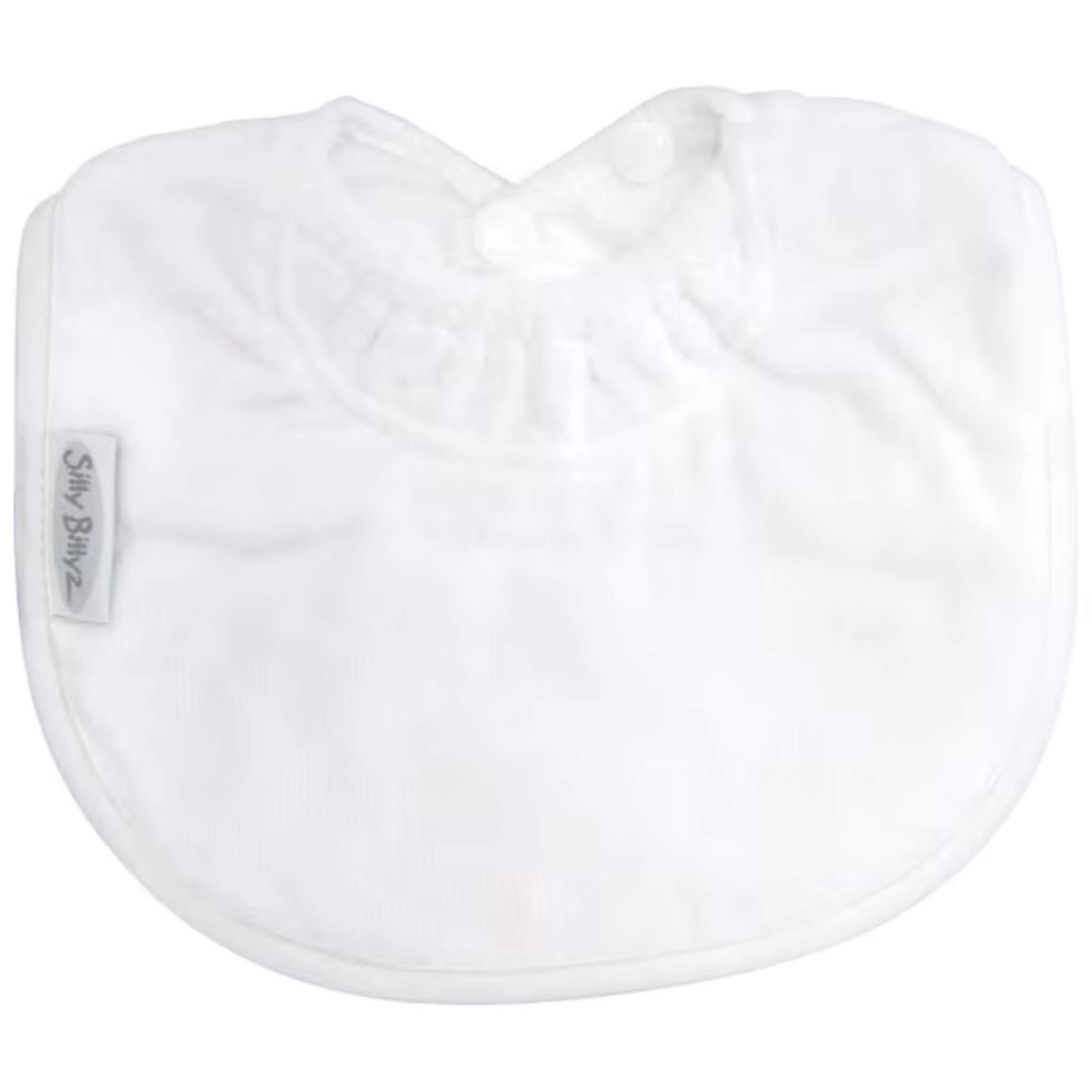 Silly Billyz Towel Biblet in white, shown laid flat with a compact curved shape, soft cotton towelling front, gathered neckline, and a single snap closure designed for a snug newborn fit.