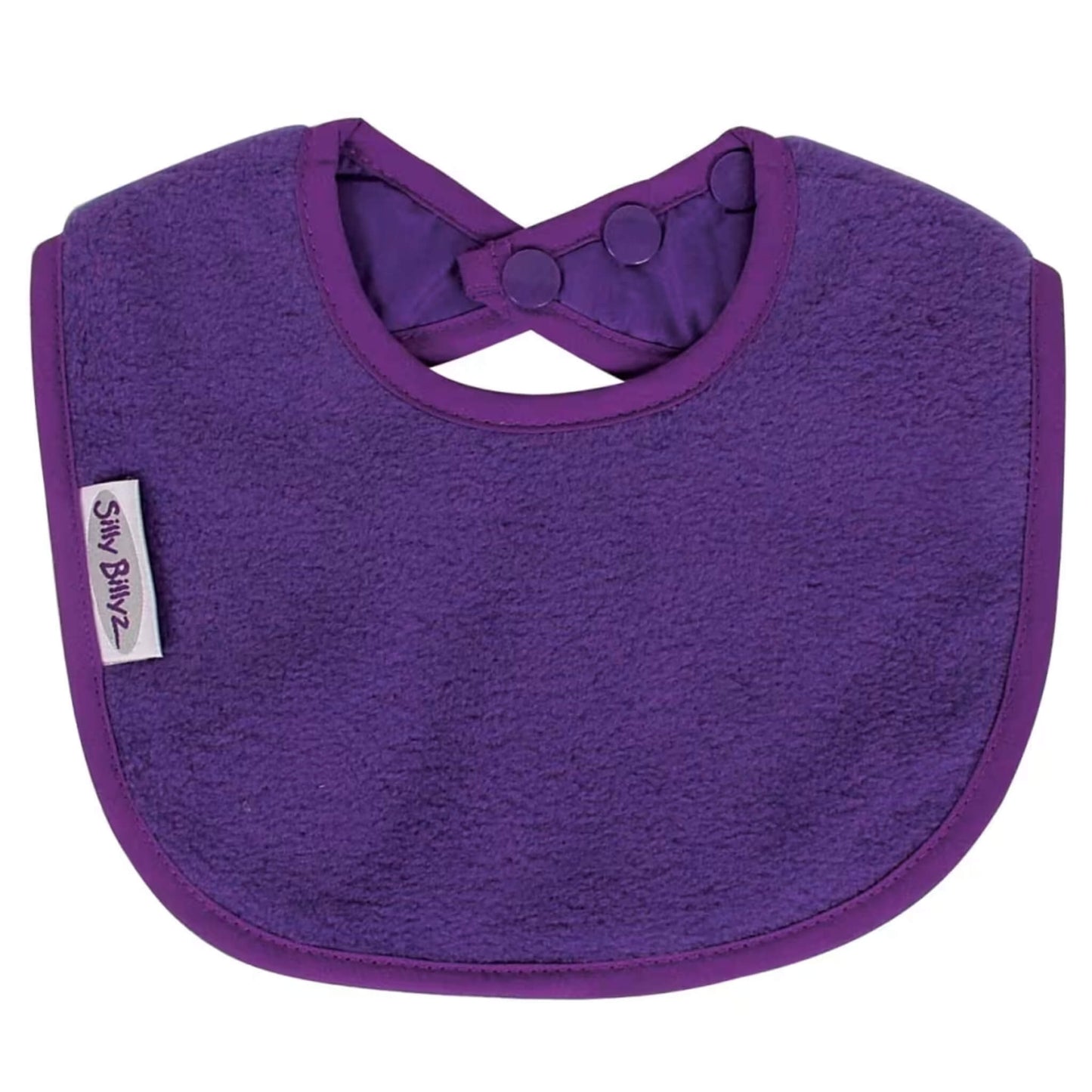 Silly Billyz Fleece Biblet in deep purple with a soft fleece front, rounded shape, and adjustable snap fastenings at the neck.