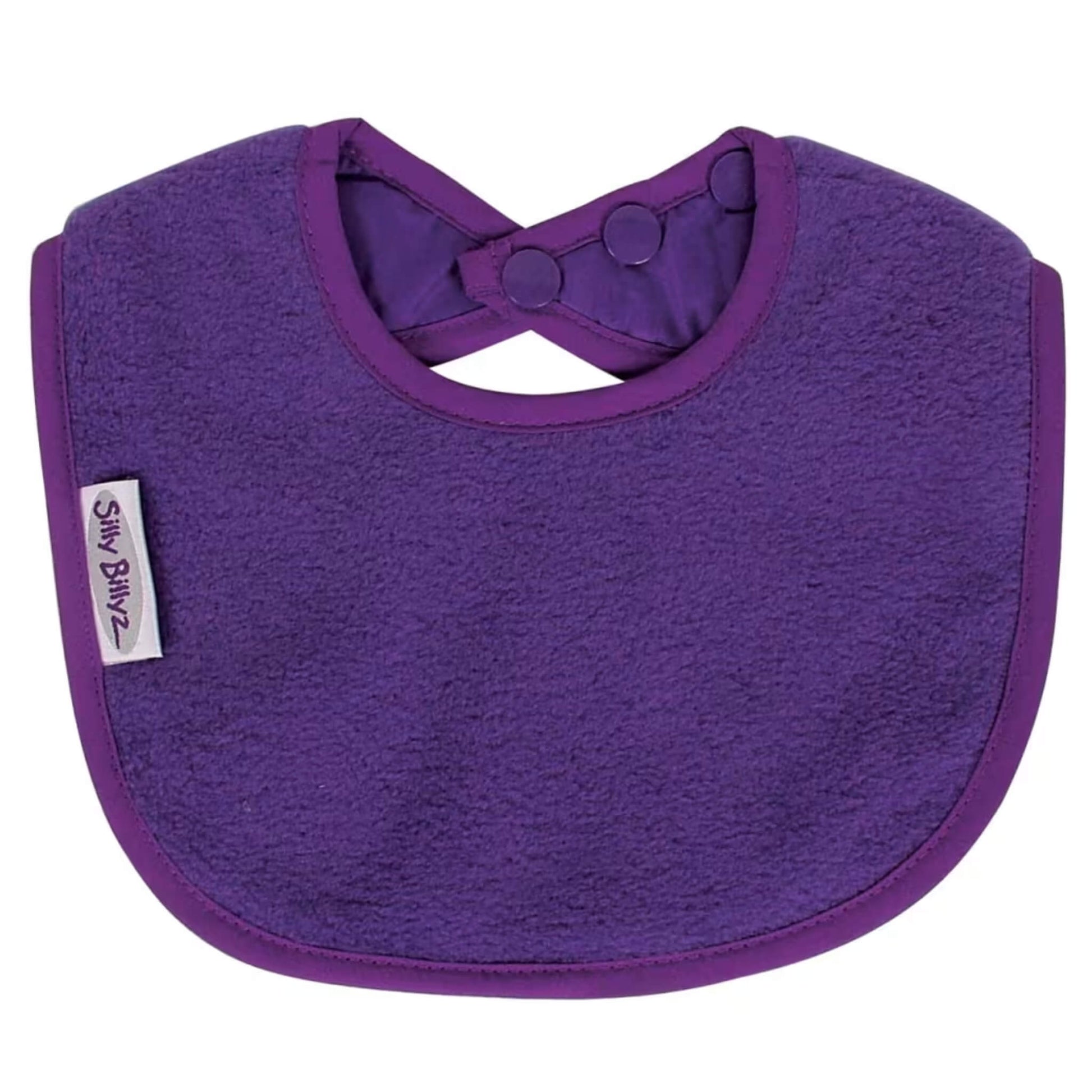Silly Billyz Fleece Biblet in deep purple with a soft fleece front, rounded shape, and adjustable snap fastenings at the neck.