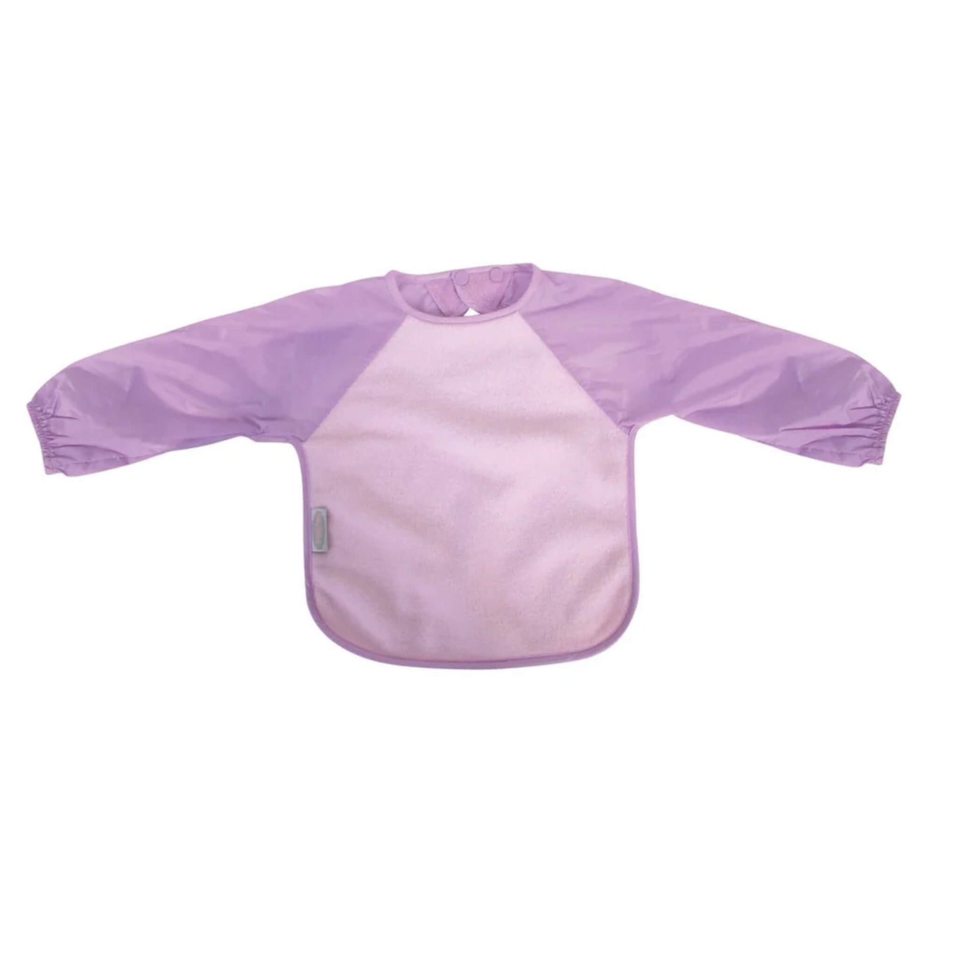 Long Sleeve Bib in pink mauve with soft fleece front and water-resistant long sleeves designed to protect clothing during feeding and messy play.